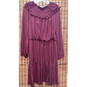 Women’s Ann Taylor Maroon Long‎ Sleeve Dress Smocked Neck Size Medium